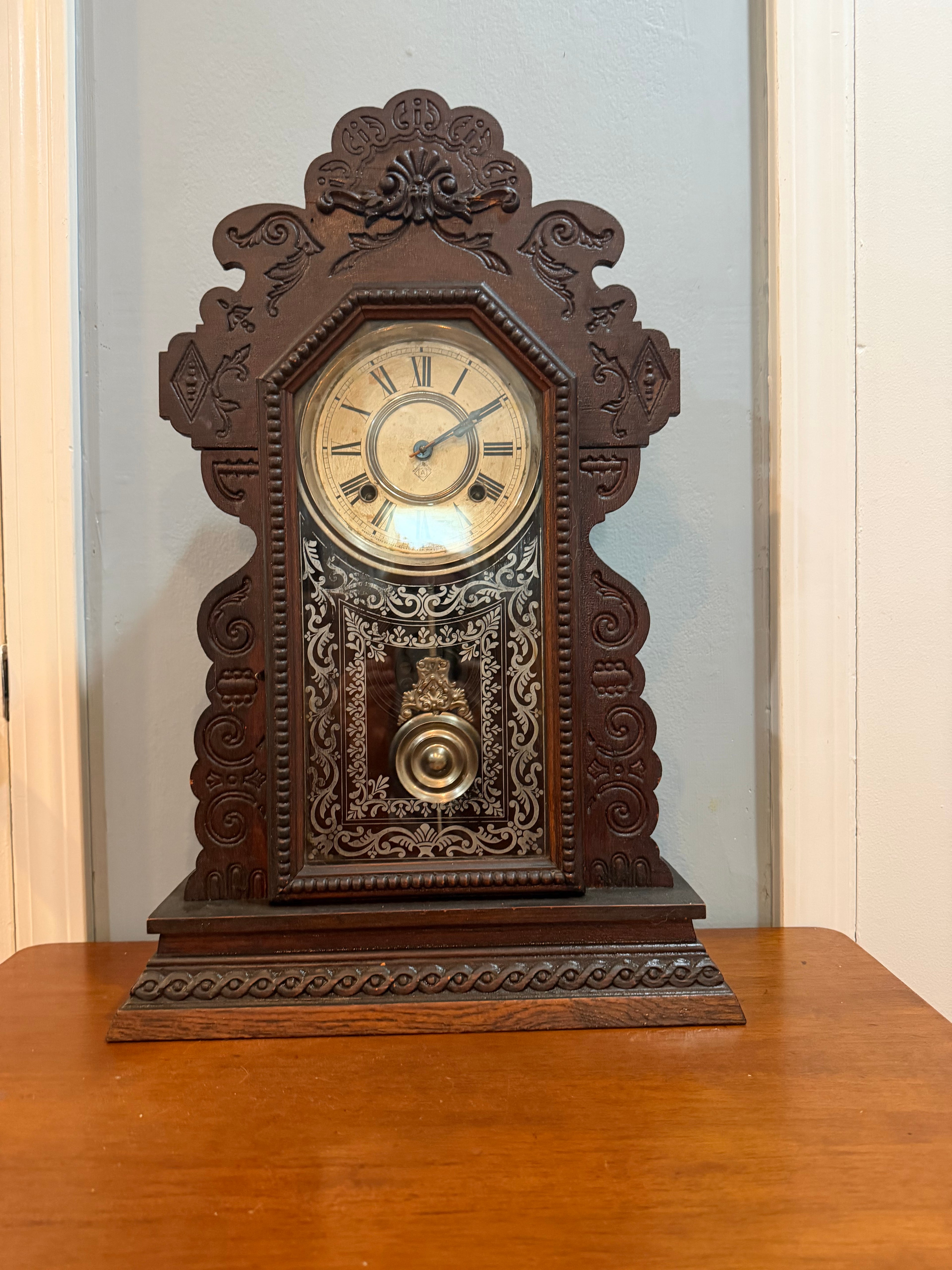 Antique Ansonia Victorian Gingerbread Mantel Clock w/ Key, Pendulum & Etched Glass