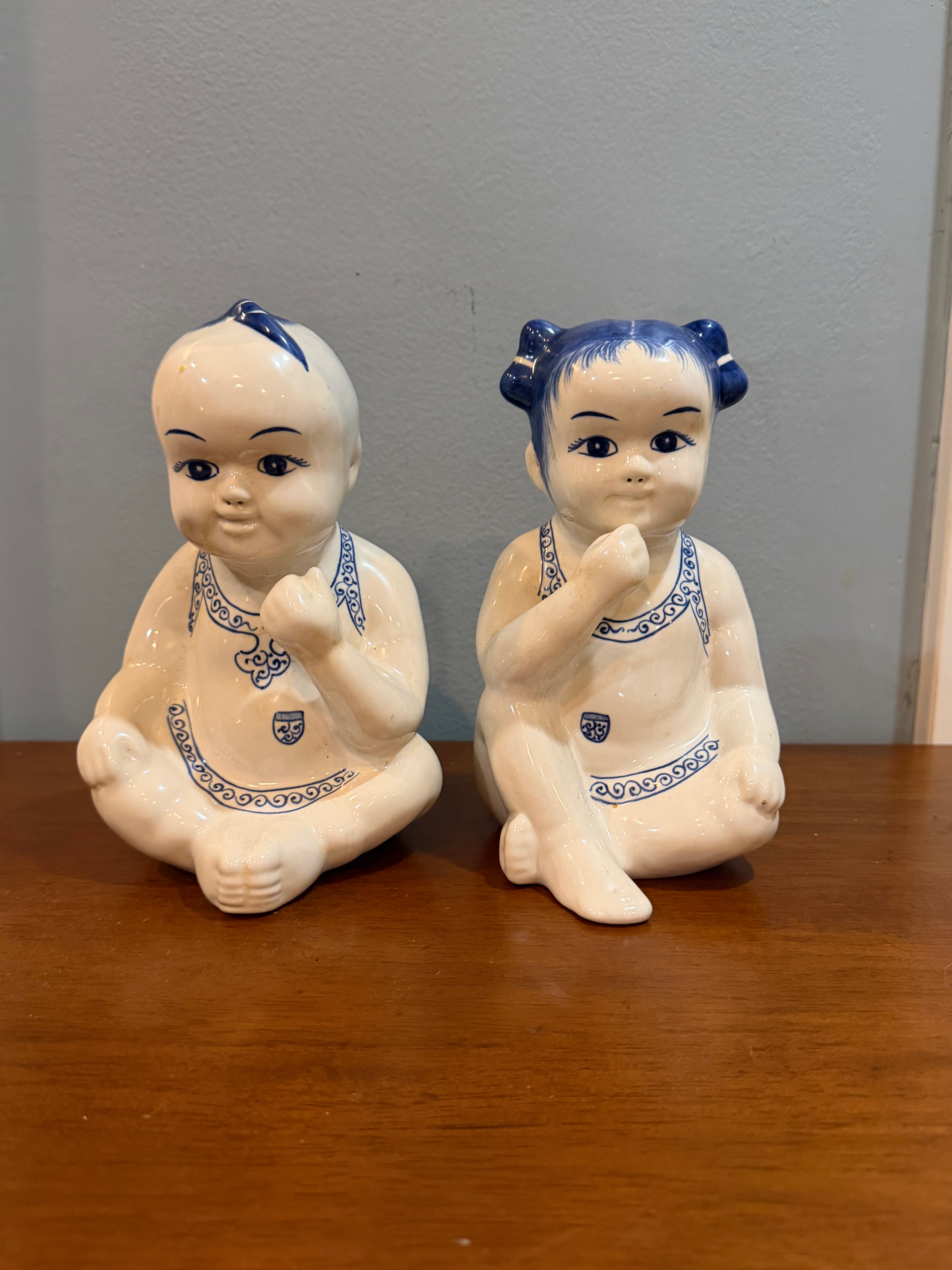 Vintage Blue & White Ceramic Pillow Baby Figurine Pair