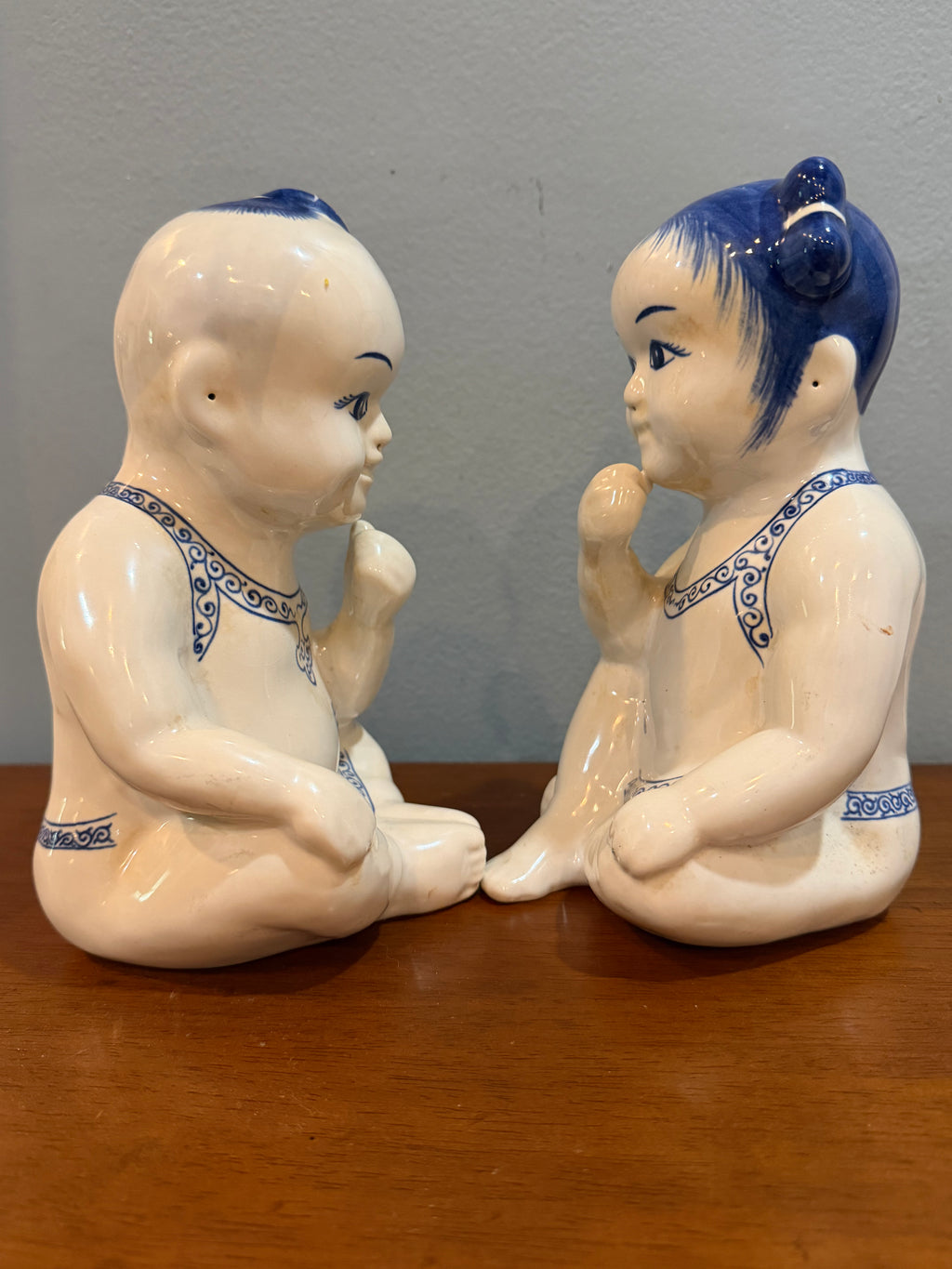 Vintage Blue & White Ceramic Pillow Baby Figurine Pair