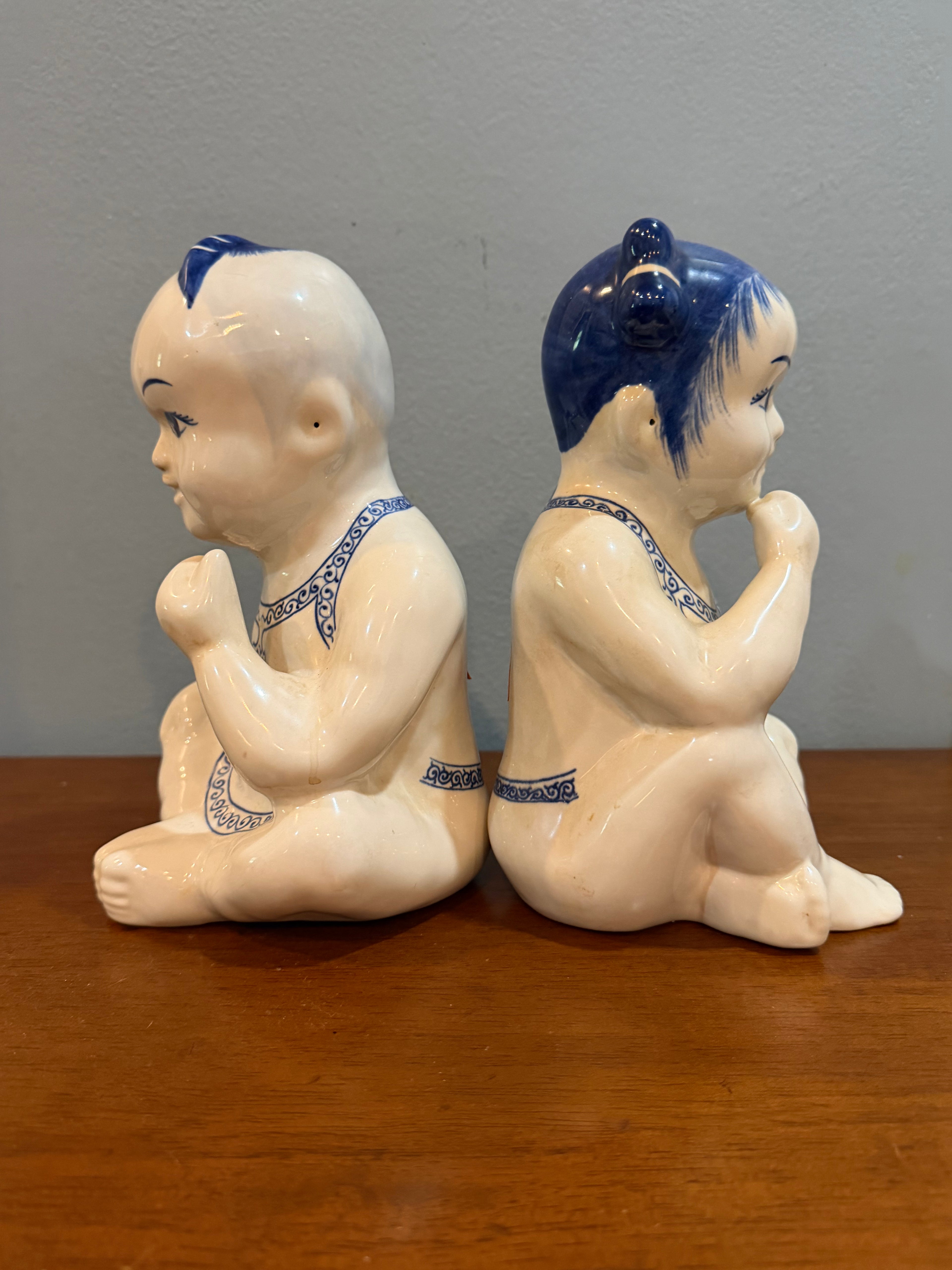 Vintage Blue & White Ceramic Pillow Baby Figurine Pair
